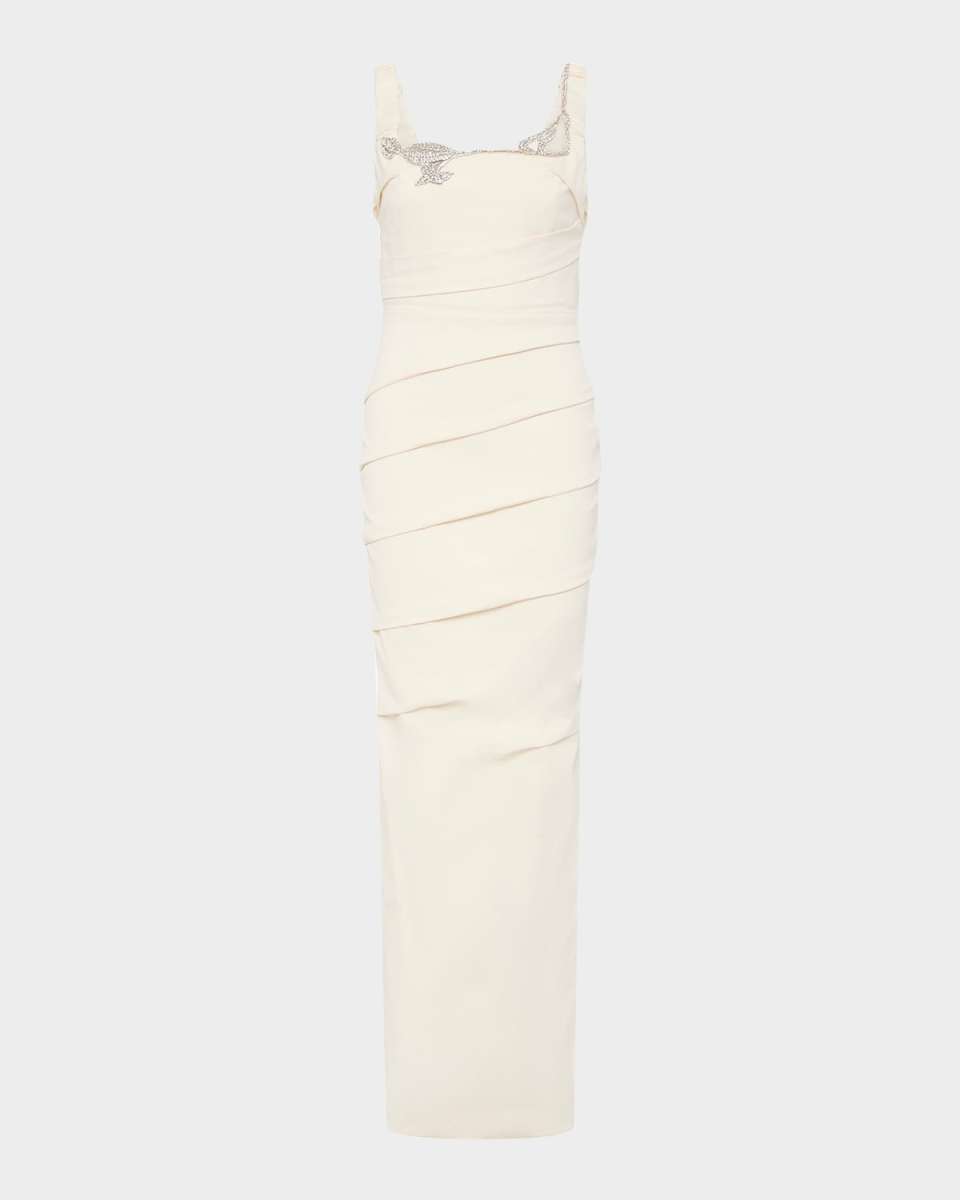 Rhodes Crystal Square-Neck Pleated Column Gown